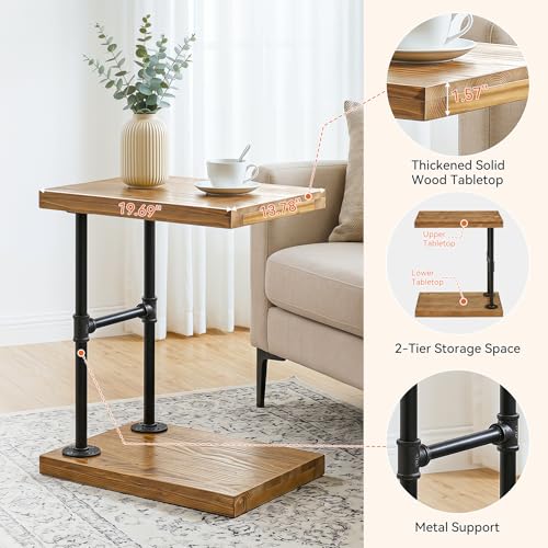C Shaped Solid Wood Nightstand, Narrow Bedside Table with Shelf for Small Bedroom, Industrial Rustic Bed Side Table for Low Beds, Laptop Desk for Bed, Black Metal Frame (2, Brown)