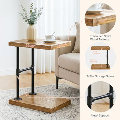 C Shaped Solid Wood Nightstand, Narrow Bedside Table with Shelf for Small Bedroom, Industrial Rustic Bed Side Table for Low Beds, Laptop Desk for Bed, Black Metal Frame (2, Brown)