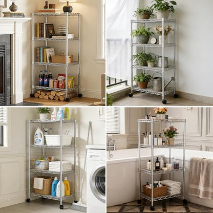 4-Tier Wire Shelf Metal Rack, Narrow Wire Shelving Unit, Small Wire Shelf | 17.3"Wx11.4"Dx44.3"H,Height Adjustable Storage Pantry Shelves with Lockable Wheels for Kitchen Office,Bathroom Small Spaces - color: 4-tier Chrome-17.3"x11.4" X44.3"(wxdxh)