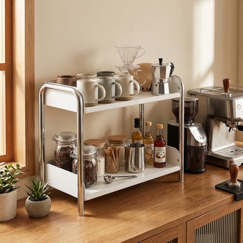 MOZIMABOX Cabinet Organizer Shelf, 2 Tier Kitchen Spice Rack Countertop Shelf Organizer, Stainless Steel Kitchen Storage Countertop Storage Shelf Container, (L, White) - size: L