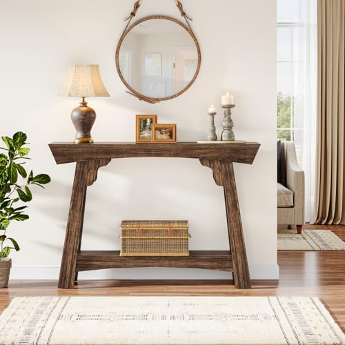 Tribesigns 41.3" Farmhouse Console Table, Small Entryway Table with 2-Tier Storage, Narrow Wooden Sofa Table Behind Couch for Living Room, Foyer, Hallway, Rustic Brown