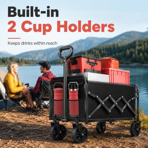 Collapsible Wagon Cart with Wheels, Compact 360 lb Folding Utility Wagon | 120L compact wagon with 360 lb support, 11 lb lightweight design, adjustable handle, 2 cup holders and all-terrain wheels - size: 360LB