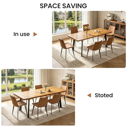 Extendable Dining Table Set for 6 to 8 People, 63" to 78.7" Modern Kitchen Table Set with 6 Leather Chairs, MDF Dining Room Table and Chairs with Removable Extension Leaf (Walnut Table+Brown Chairs) - color: 63'' - 78.7'' Walnut Table+6 Brown Chairs