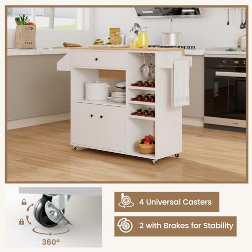 Giantex Rolling Kitchen Island Cart with Drop Leaf, Power Outlet, Spice Rack, 12 Wine Rack, Glass Holder, Drawer, Storage Cabinet, Towel Rack, Island Table for Breakfast Coffee Bar (White & Natural) - color: White & Natural