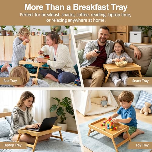 Breakfast Tray with Folding Legs Set of 2, Bamboo Bed Tray Table 15.7" Foldable TV Dinner Tray with Ergonomic Wave Handles for Bed Couch Sofa, Breakfast, Snacks, Coffee, Natural - color: Natural, size: Medium