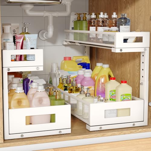 2 Pack 20.47IN Depth Under Sink Storage Organizer, Large 2-Tier Elegant Mesh Pull Out Shelf for Kitchen and Bathroom Cabinet Organization, L-Shaped and Adjustable Height Design-White - color: White, size: 2 Pack-20.47"Dx11.4"-16.14"H