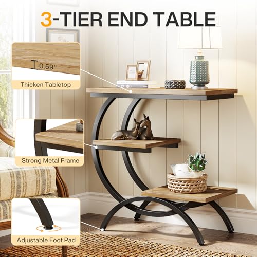Tribesigns C-Shaped End Table Set of 2, Industrial 3-Tier Small Side Table for Couch, Wood Bedside Table Snack Side Table with Storage Shelves for Living Room Small Space, Light Brown - color: Light Brown