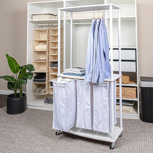 Household Essentials 3-Bag Laundry Center, Smooth Laminate Shelving, Sturdy Steel Frame, White - color: White, size: 31.5"L x 17.3"W x 67.3"H