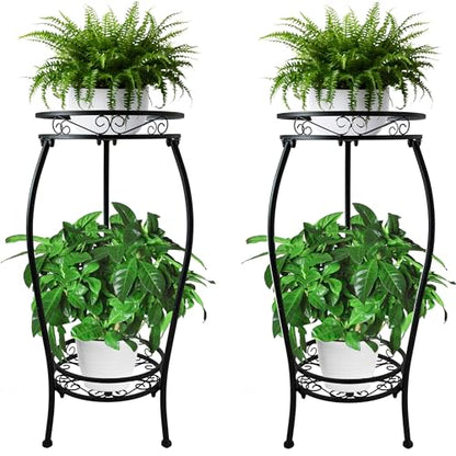CASIMR 2Pack Plant Stand Indoor Outdoor, 2 Tier 26.6" Tall Metal Potted Holder Rack Multiple Flower Pot Stand Heavy Duty Plant Shelf Rustproof Iron Plant Round Supports Rack