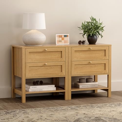 Modern Nightstand with Drawers, Large Farmhouse Wood Bedside Table with Open Shelf, 22" Wide Tall End Table for Sofa, Bedroom, Natural Oak - color: Natural Oak, size: 1 PC (2 Drawers)