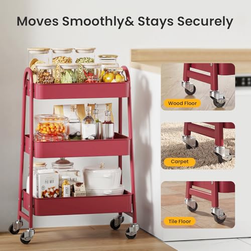 DUMOS 3 Tiers Metal Rolling Utility Cart with Lockable Wheels, Mobile Storage Organizer, Utility Shelving Unit for Kitchen, Office, Bathroom, Laundry, Narrow Places, Red - color: 3 Tiers Red