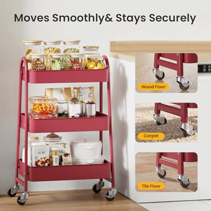 DUMOS 3 Tiers Metal Rolling Utility Cart with Lockable Wheels, Mobile Storage Organizer, Utility Shelving Unit for Kitchen, Office, Bathroom, Laundry, Narrow Places, Red - color: 3 Tiers Red