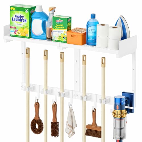 HUFAND Broom Holder Wall Mount, 27" Large Mop and Broom Organizer Wall Hanging with Top Storage Shelf & Vacuum Hook, Heavy Duty Iron Utility Rack for Laundry Room, Garage, Kitchen, Garden - White - color: White, size: Large