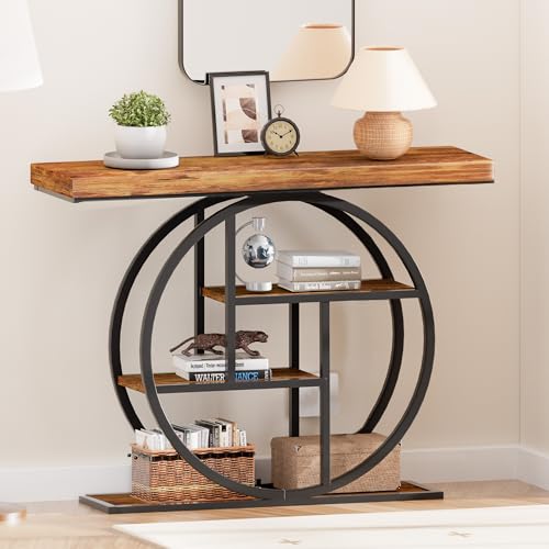 RANXFLOAT Console Tables for Entryway, 4-Tier Industrial Narrow Wood Sofa Table, Entryway Table with Storage Shelves for Living Room (Without Outlet & LED)