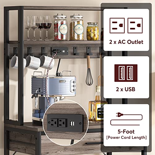 LITTLE TREE Kitchen Baker’s Rack with Power Outlets, Freestanding 5-Tier Microwave Stand with Drawers & Sliding Shelves, Coffee Bar with 6 Hooks for Dining Room Living Room, Grey & Black - color: Grey Black