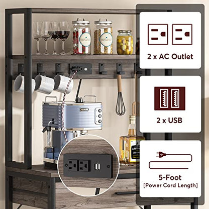 LITTLE TREE Kitchen Baker’s Rack with Power Outlets, Freestanding 5-Tier Microwave Stand with Drawers & Sliding Shelves, Coffee Bar with 6 Hooks for Dining Room Living Room, Grey & Black - color: Grey Black