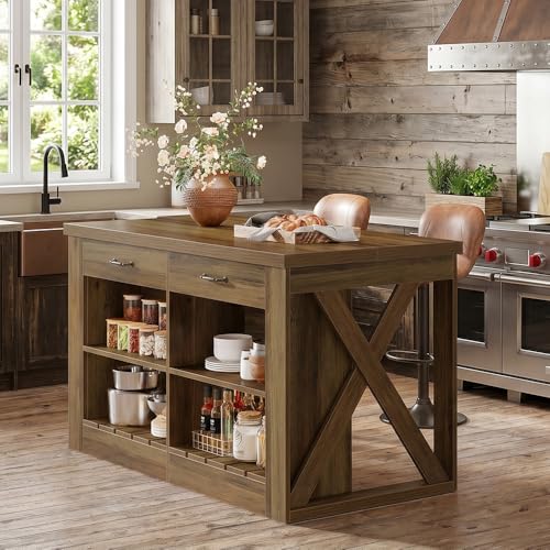 Tribesigns 55" Kitchen Island with Storage Drawers and Shelves, Farmhouse Large Island Table for Kitchen, Dining Room