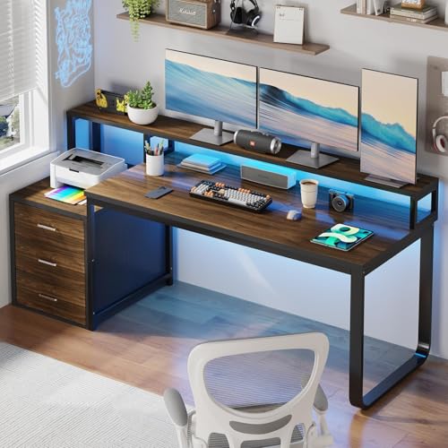 HOMBCK 67" Computer Desk with 3 Drawers, Home Office Desk with Long Monitor Stand and Printer Space, Office Desk with Storage & LED Lights, Writing Desk with Drawers, Black and Walnut - color: Black Walnut