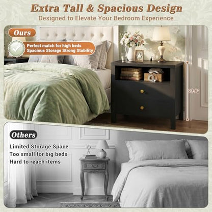 Aheaplus Nightstand with Charging Station, 23.6'' Large Bed Side Table with Wooden 2 Drawers, Night Stand for Bedroom, End Table with Open Storage Shelf for Living Room, Set of 2, Black - color: Black