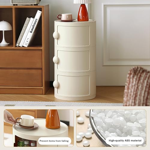 3 Tier Round Nightstand with Drawers, Plastic White Nightstand Modern Round Bedside Table with Handles and Sliding Door for Bedroom, Living Room - color: White