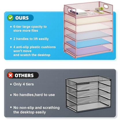 Marbrasse 2 Pack Desk Organizer with Handle, 6 Tier Paper Letter Tray, Mesh Desk File Organizer for Office, School and Home - Pink - color: 2 Pack 6 Tier - Pink