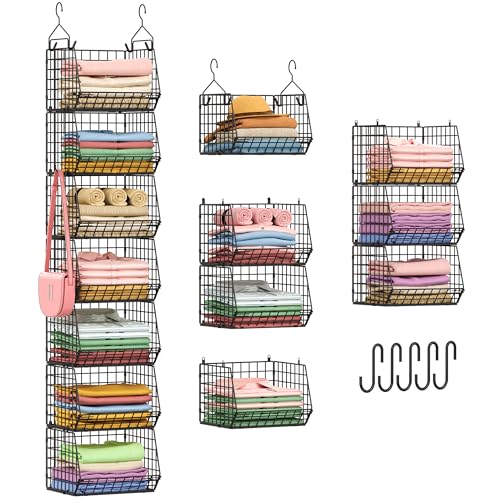 X-cosrack 7 Tier Foldable Hanging Closet Organizer and Storage,Wire Closet Shelving with 4 Large Hooks+ 5 S Hooks,Hanging Basket for Clothes Sweaters Shoes Handbags,Small Closet Organizers - color: Black, size: 7-Tier