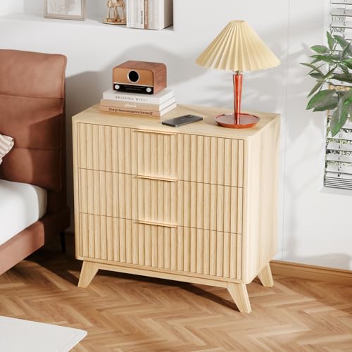 VINGLI Fluted Wood Nightstand 3 Drawer, 31.5" W Mid Century Modern Nightstand Tall, Fluted Bedside Table, End Table, Night Stand for Bedroom, Oak, 31.5" W*15.96" D*29.72" H - color: Oak, size: 31.5"W-3 Drawer