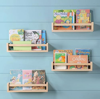 Nursery Room Shelves Set of 4, Wood Floating Book Shelves for Kids Room, Baby Book Shelf for Nursery, Kitchen Spice Rack (Natural Wood) - color: Natural Wood