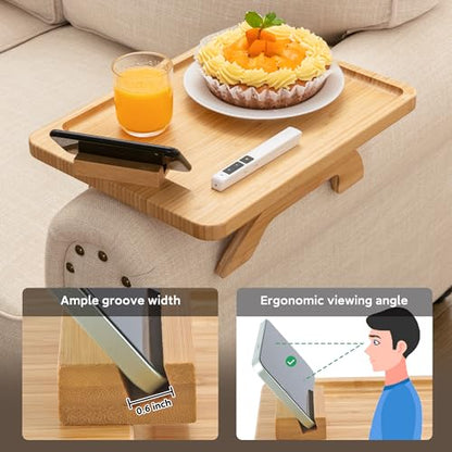 SINWANT Couch Arm Tray,Bamboo Sofa Clip on Side Table,Foldable Couch Armrest Table with 360°Rotating Phone Holder,Anti Slip Food Trays for Eating/Drinks/Snacks/Remotes 15.35" x 9.85" - color: Natural