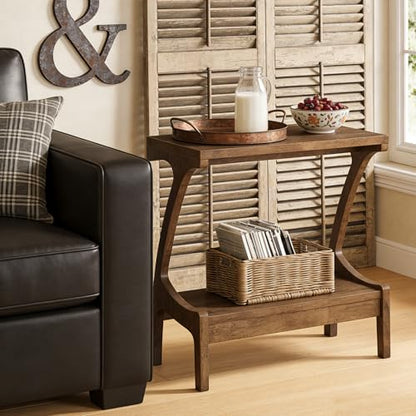 Solid Wood End Table with 2-Tier Storage Shelf, Narrow Side Table for Living Room, Bedroom, Small Spaces, Natural Wood Paint Finish, Easy Assembly - color: Brown