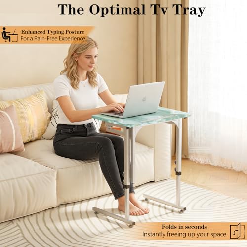 Folding Tv Tray Table,6 Height Adjustable Dinner Snack Slide Under Couch Side Table, Portable Foldable C-Shaped End Table for Eating with Sturdy MDF Top,No Assembly(Sea Blue+Silver) - color: Sea Blue+silver