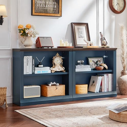 RWYHG 30" Blue Small Bookcase, 2 Tier Farmhouse Wooden Short Book Shelf | Adjustable Shelves Bookshelf, Open Display Storage, Wood Veneer Bookshelves, Thick Sturdy Base, for Living Room,Office
