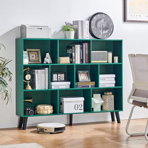 LEYAOYAO 10 Cube Bookshelf,Mid-Century Modern Bookcase with Legs,Dark Green | 3 Tier Book Shelf, 55" Wide Rustic Wood Bookshelves Large Storage Organizer, Open Shelves for Bedroom, Living Room, Office - color: Dark Green, size: 10 Cube Plus with Legs