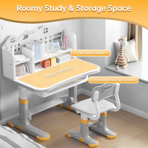 Kids Desk and Chair Set, Height Adjustable Child's School Study Writing Tables, Kids Desk with Bookstand and Storage Drawer, Widened Desktop with Desktop for Boys and Girls (Gray-B) - color: Gray-b