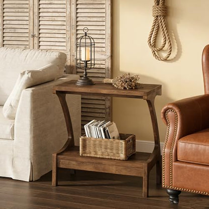Solid Wood End Table with 2-Tier Storage Shelf, Narrow Side Table for Living Room, Bedroom, Small Spaces, Natural Wood Paint Finish, Easy Assembly - color: Brown