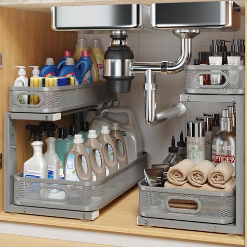 2 Pack 17.3IN-Depth Under Sink Organizer with Smooth Cylindrical Rail,2-Tier Pull Out Multi-Purpose Cabinet Storage for Bathroom&Kitchen,Height Adjustable,Rust-Resistant Coating-Gun Gray - color: Gun Gray, size: 2 Pack-17.3"Dx11"-16.14"H