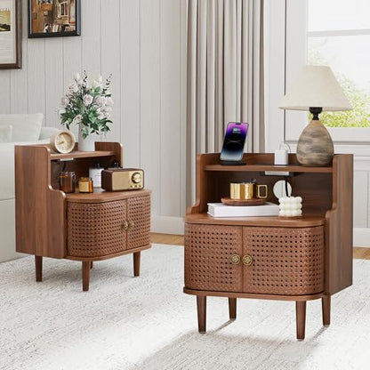 Storage End Table with 2 Door Set of 2, Bed Side Table with Charging Station, Metal Rattan Nightstand for Bedroom, Desk Side Table for Living Room Couch Sofa, Office, Small Spaces - Walnut - size: Door Walnut-set