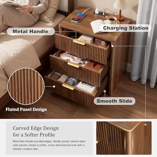 LYNCOHOME 23" Fluted Nightstand with Charging Station, 3 Drawer Bedside Table, Modern Night Stand with Curved Edge Design, Wooden End Table for Bedroom, Rounded Night Stand with Storage, Walnut, Brown - size: 15.7"D x 22.8"W x 24.2"H（3 Drawers）