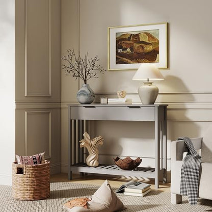 TaoHFE Grey Narrow Console Table with Drawer Storage Shelf, Modern Wooden Entryway Sofa Table, 39 Inch Slim Behind Couch Table, Side Display Console Table for Living Room,Office,Grey - color: Grey