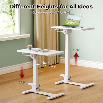 Foldable Mobile Standing Desk, 27 Inch Small Rolling Laptop Cart Height Adjustment, 90° Tiltable Bedside Table, No Assembly Needed Portable Computer Workstation, White - color: White