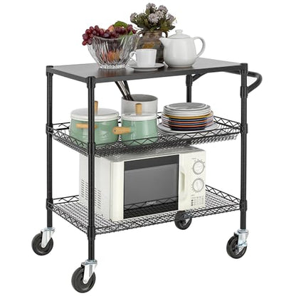 Finnhomy 3 Tier Heavy Duty Commercial Grade Utility Cart with Wood Top, Wire Rolling Cart with Wheels and Handle Bar, Kitchen Carts on Wheels, Metal Cart with 600 LBS Capacity, Black - style: 30“L Black