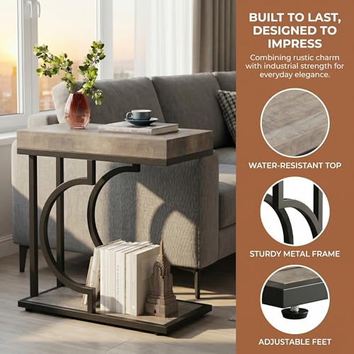 Tribesigns C Shaped Modern End Table for Coach with Metal Frame | Wood Grain, Small Side Table for Living Room, Nightstand for Bedroom, Gray&Black - color: Gray&black