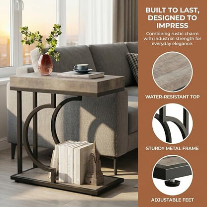 Tribesigns C Shaped Modern End Table for Coach with Metal Frame | Wood Grain, Small Side Table for Living Room, Nightstand for Bedroom, Gray&Black - color: Gray&black