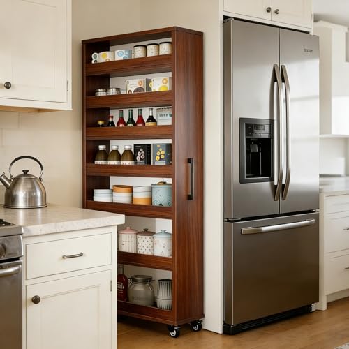 Rolling Spice Rack Next to Side of Fridge Storage Slim Narrow Shelf Lightweight 7 Tier Wooden Storage Cart for Kitchen, Dining Room, Bathroom, Small Spaces (Teak, 72.4" H x 9.8" W x 21.6" D) - color: Teak