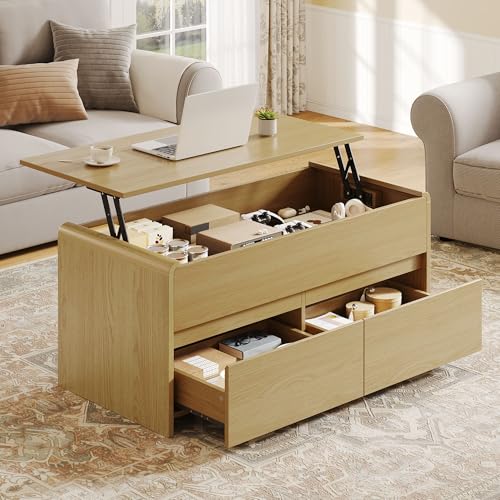 Coffee Table with Storage Drawers, Lift Top Coffee Table with Large Hidden Compartment, 2 Drawers, Lift Tabletop Dining Table for Living Room, Curved Corner, Home Small Space, 39in, Natural - color: Natural-large Drawers