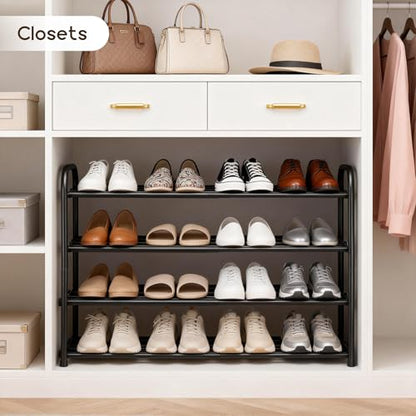 4-Tier Expandable Shoe Rack, Adjustable Shoe Shelf Storage Organizer Durable Metal Free Standing Shoe Rack for Entryway Closet Doorway (Black) - size: 4 Tier