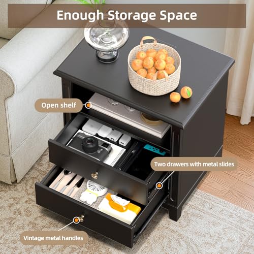 24" Wide Farmhouse Nightstand with Charging Station, Solid Wood End Table with 2 Large Drawers & Open Shelf, Bedside Table with USB Ports and Outlets, Side End Table for Bedroom - color: Black