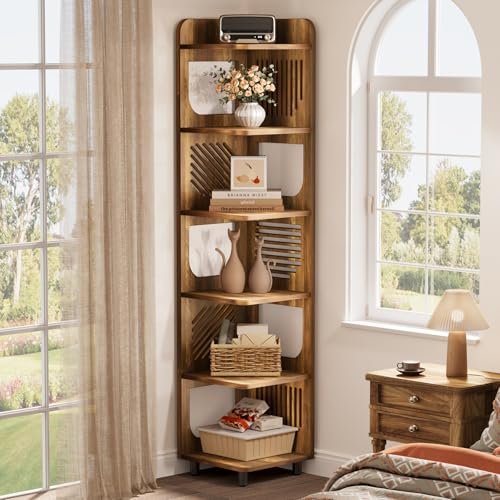 Tribesigns 6-Tier Tall Corner Shelf, 71-Inch Rustic Narrow Corner Bookshelf Bookcase with Square Rack, Freestanding Corner Display Storage Shelf Organizer for Living Room, Kitchen, Office, Yellow - color: Yellow