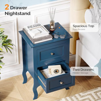 Bonnlo Blue Nightstand with 2 Drawers, Blue Night Stand Bedside Table for Bedroom, Kids Room, Living Room, Small Spaces, Dorm, 15.75" W x 11.8" D x 23.6" H - color: Navy Blue