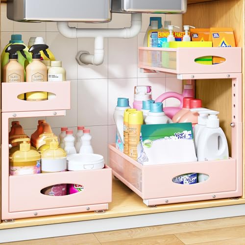 Under Sink Organizer, 2 Pack 2 Tier Pull Out Under Cabinet Organizer Shelf with Pad for Framed Cabinets, Metal Slide Out Under Sink Storage, Mesh Sliding Drawers for Kitchen Bathroom Laundry, Pink - color: Pink, size: 2-Pack
